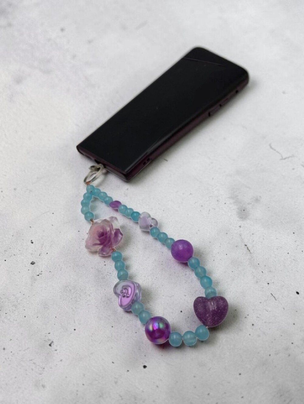 Stylish Phone Charm Purple Blue Beads Heart Flower Handmade Accessory